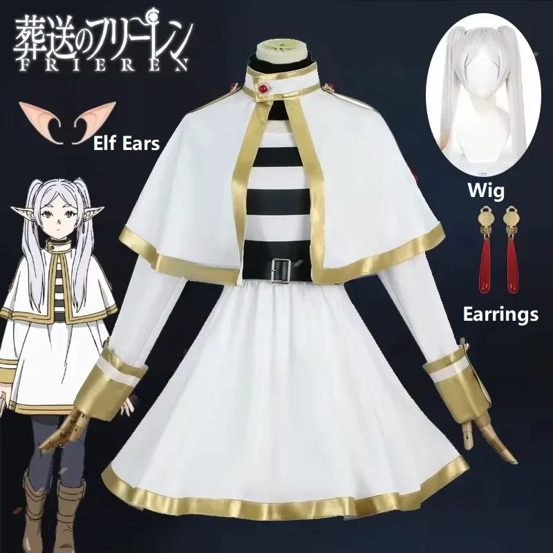 Sousou No Frieren kostum Cosplay sepatu Wig tokoh Anime gaun penyihir Elf telinga pesta Halloween Charistmas untuk wanita