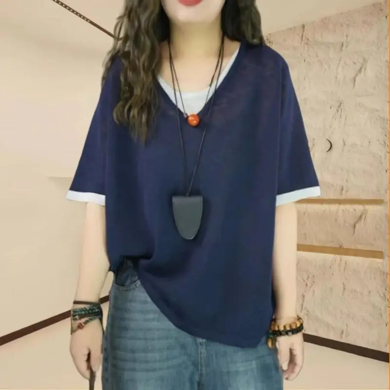 الخامس الرقبة التباين المرقعة حجم كبير بلايز عادية كم قصير وهمية قطعتين خمر تي شيرت الصيف موضة الاتجاه ملابس حريمي