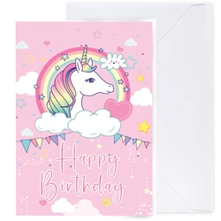 1 set of pink cute rainbow unicorn birthday cards with envelopes, pink unicorn birthday girl happy birthday card (DIN A6) size