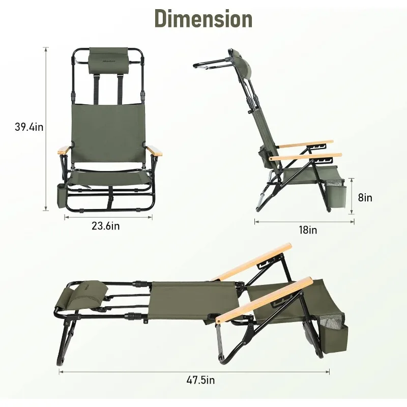 Reclining Beach Chairs for Adults - Extendable High Back Low Profile Camping Chair with Headrest, Cooler Pouch