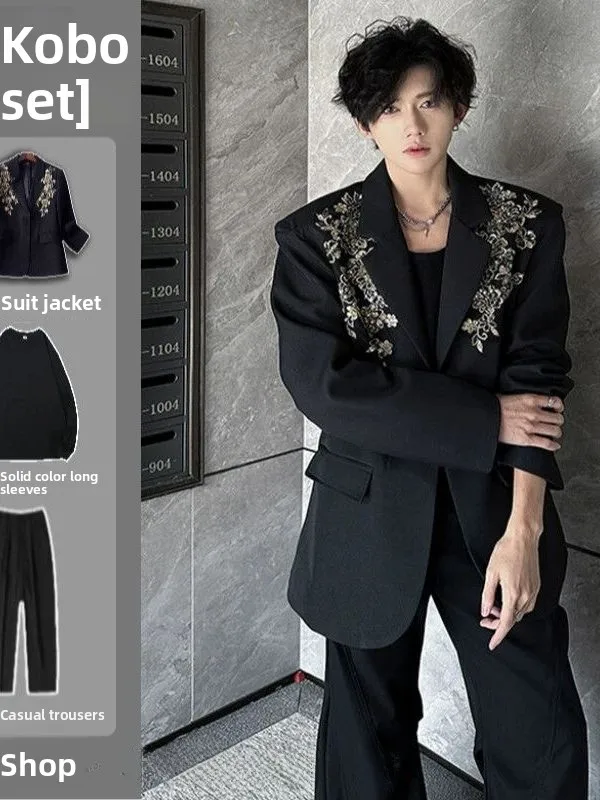 

New Chinese Sle Heavy Embroidery 3D Stitching Men's Suit Jaet Wedding omsmen Ensemble Autumn Season Stand Fit Polye...