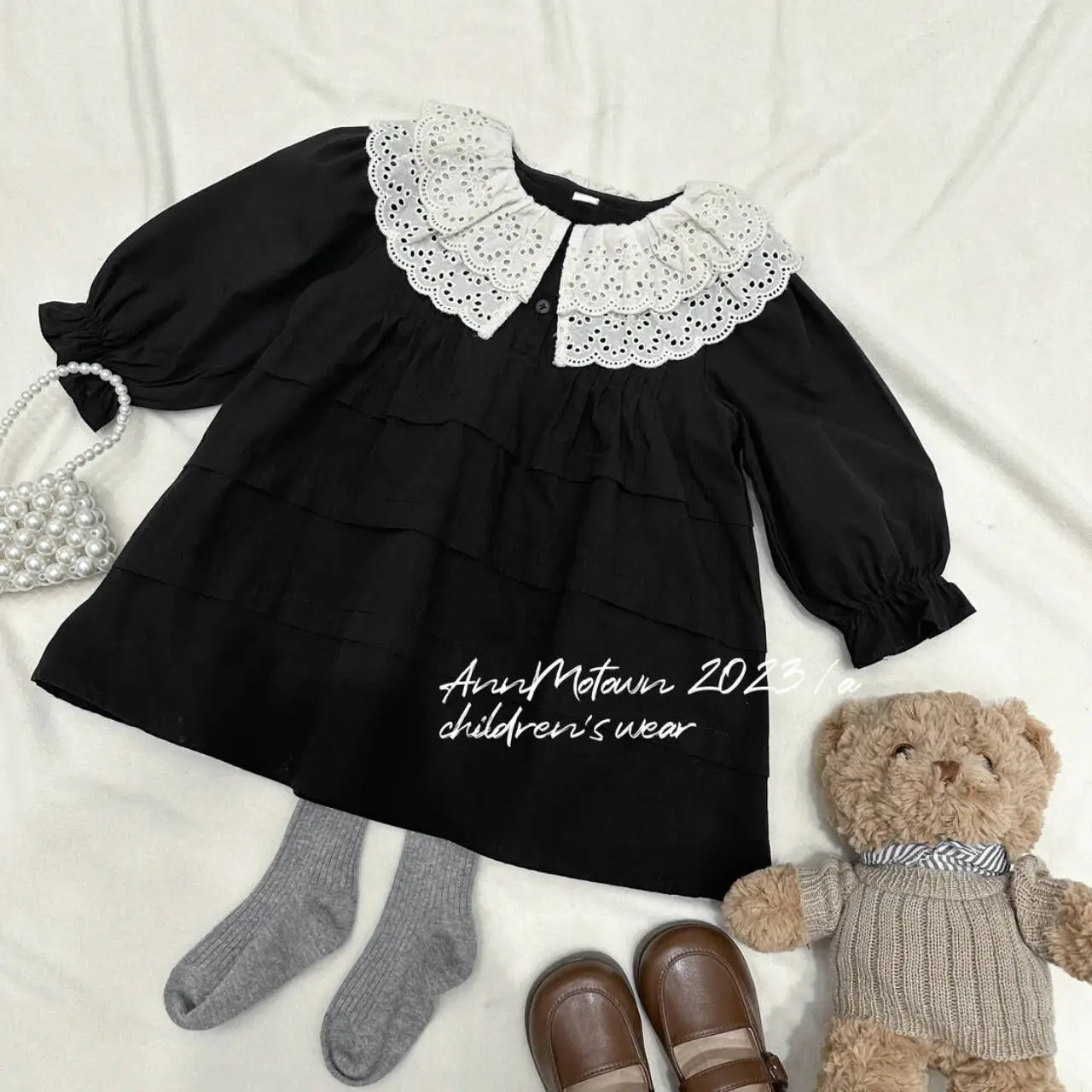 2024 Autumn and Winter New Korean Children\'s Clothing Lace Lace Collar Dress Children\'s Long-sleeved Princess Dress