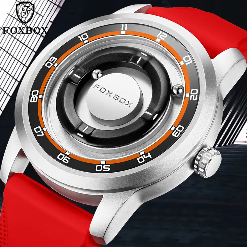 FOXBOX New Red Silicone Watch For Men Fashion Creative Scrolling Pointer Magnetic Force Waterproof Men's Quartz Wristwatches