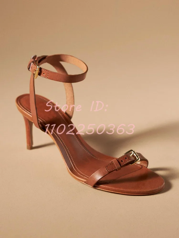 Classic Brown Buckle Strap Stiletto Sandals Vintage PU Round Open Toe Thin High Heels 2024 Summer Women Dress Concise Shoes