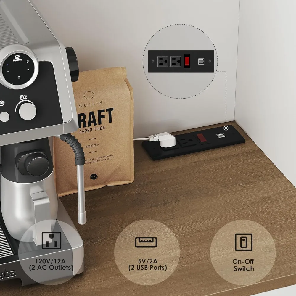 HOSTACK 71 خزانة مخزن مع محطة شحن، خزانة تخزين مخزن المطبخ الطويلة مع حامل الميكروويف، كوخ مطبخ المزرعة