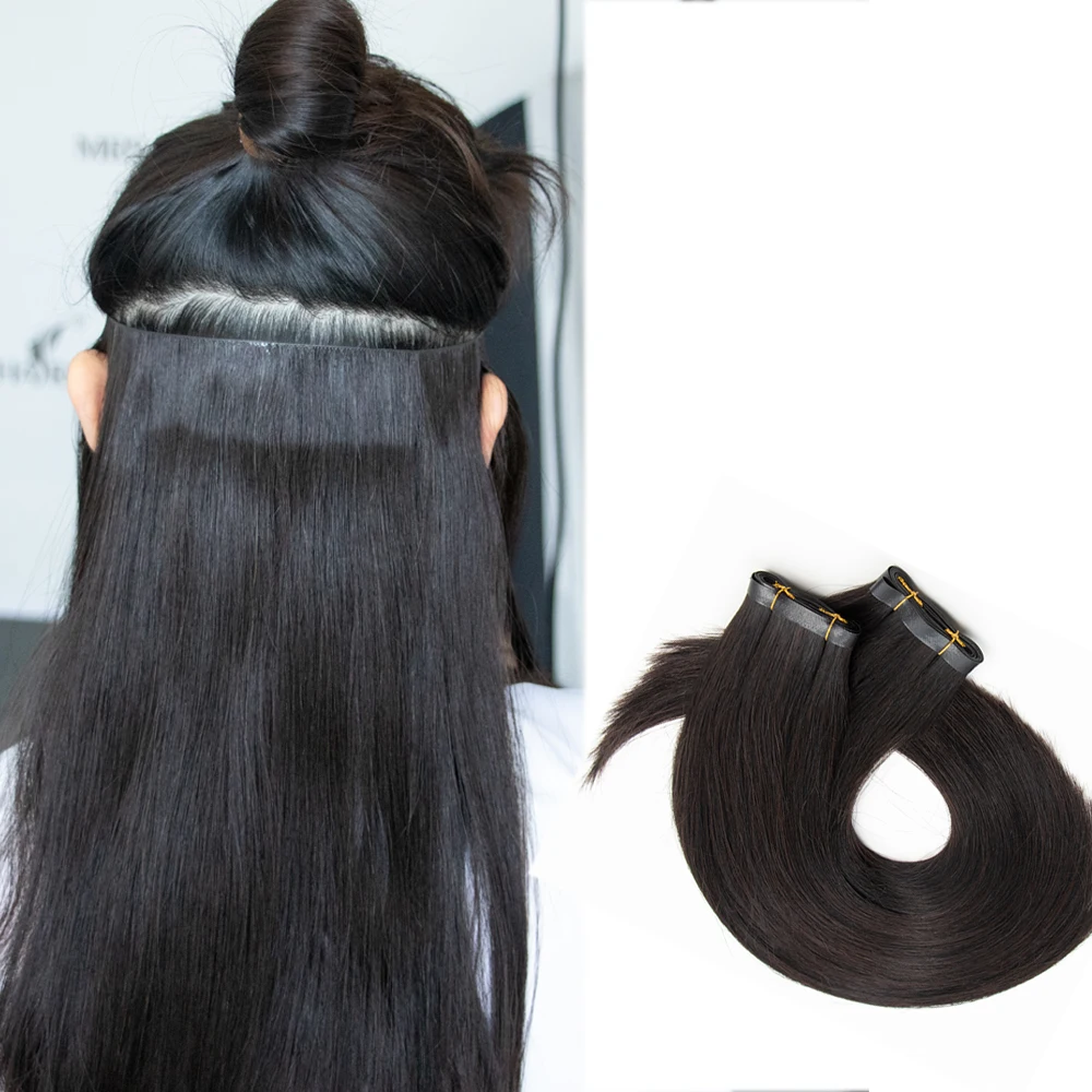 

#01black Straight Long PU Weft Tape In Hair Extensions Long Tape Weft Human Hair Light Seamless Weft Hair Bundles 12-20 Inch ﻿