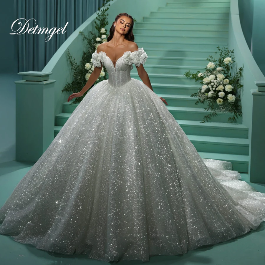 

Detmgel New Exquisite Ball Gown Wedding Dresses Luxury Flowers V-Neck Shiny Lace Court Train Vestido De Novia Customized