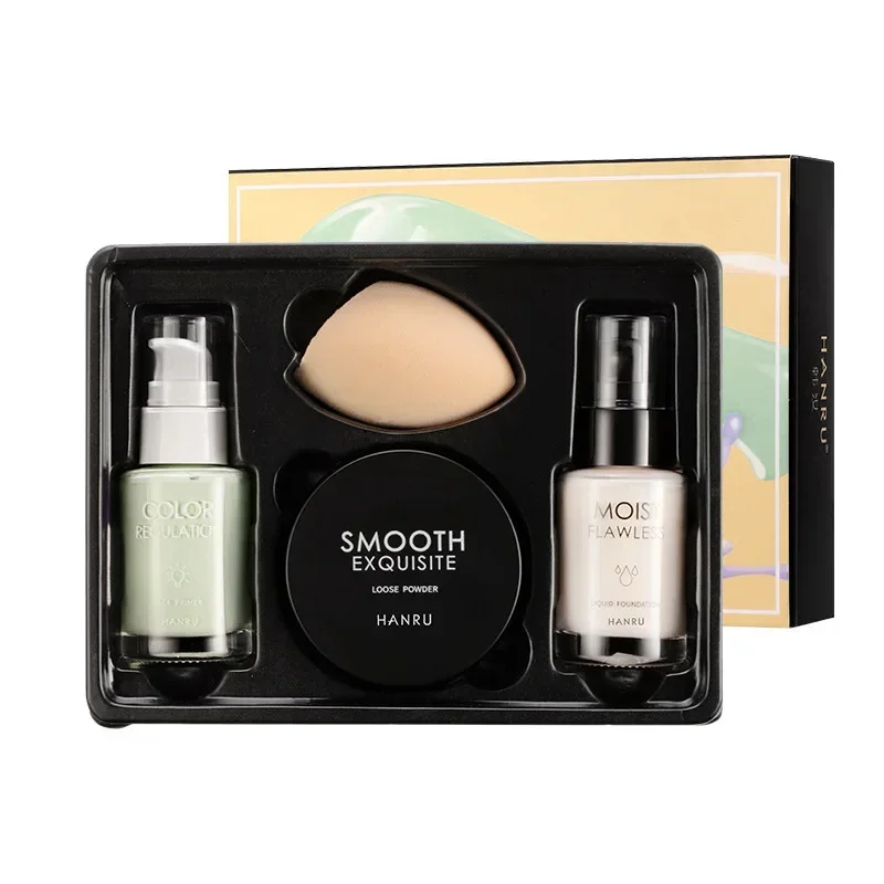 Fond de teint correcteur pour le visage, 4 pièces/ensemble, pour débutant, isolation naturelle/ivoire, poudre bouffante libre, coffret cadeau