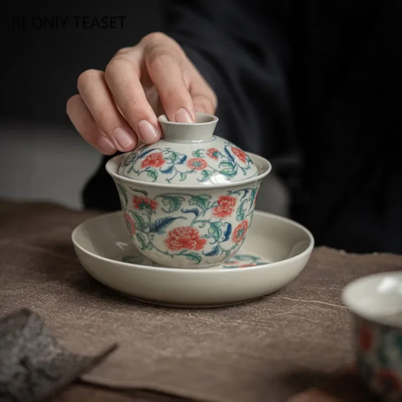 140ml Chinese Blue and White Porcelain Gaiwan Handmade Flowers Teacup Ceramic Tea Tureen Portable Tea Bowl Household Tea Set