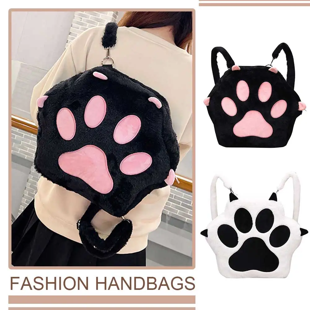 Cute Cat Paw Soft Furry Purse with Adjustable Straps Sweet School Bag with Zipper JK Girls Bag Cartoon Backpack for Women Girls