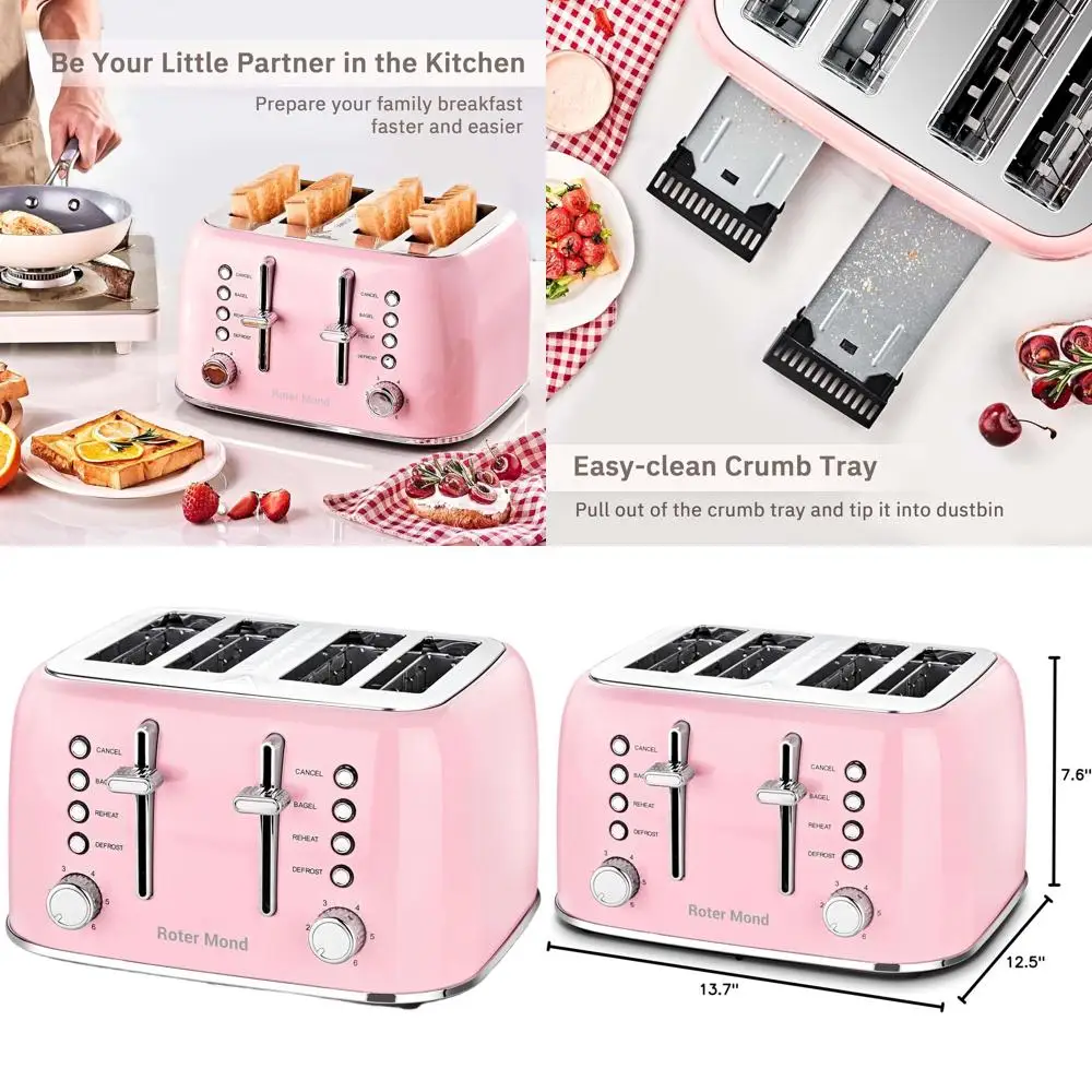 

Retro Stainless Steel 4-Slice Toaster with Wide Slots, Bagel, Defrost, Reheat, Dual Controls, Removable Crumb Tray, 6 Browning L