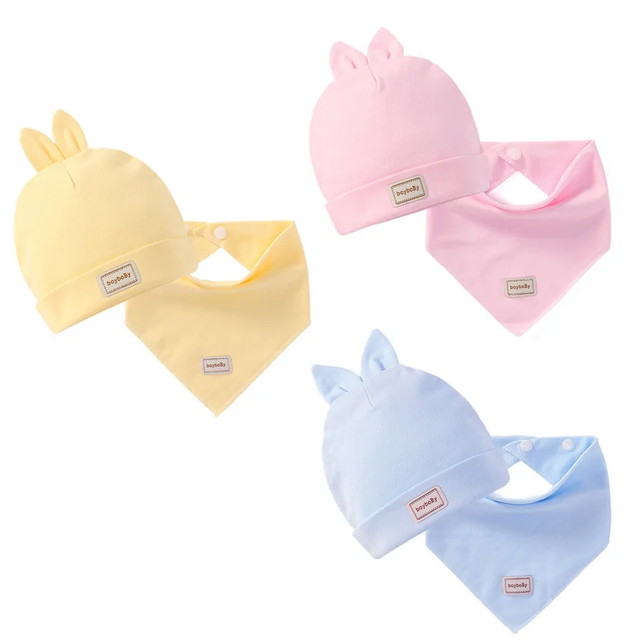 Newborn Baby Hat with Bibs Set Candy Color Boys Girls Baby Beanies Hats 0-12Months Kids Hat Cotton Bibs Toddler Infant Caps