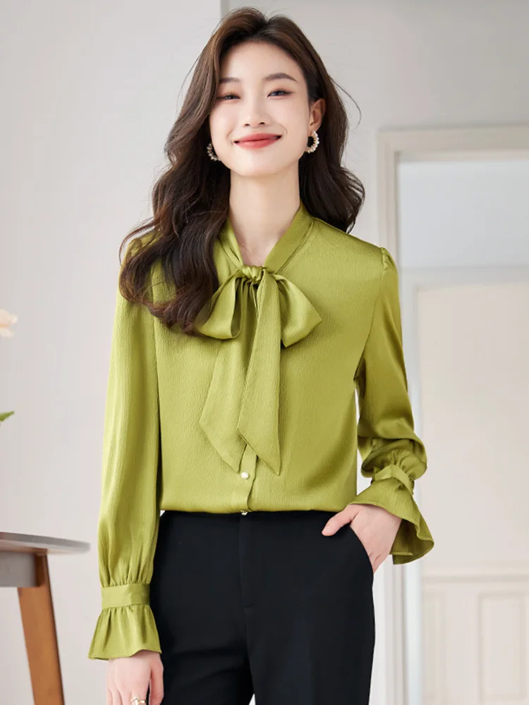 Elegant V-neck Shirt Women's Autumn Winter High Design Sense Chiffon Top OL Manner Professional Suit  Knot Detail