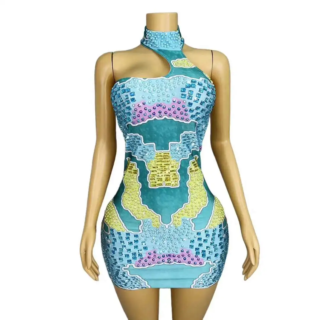 Fancy Map Rhinestones Birthday Celebrate Sleeveless Dress Summer Outfit Party Singer Sexy Collection Costume Ditu