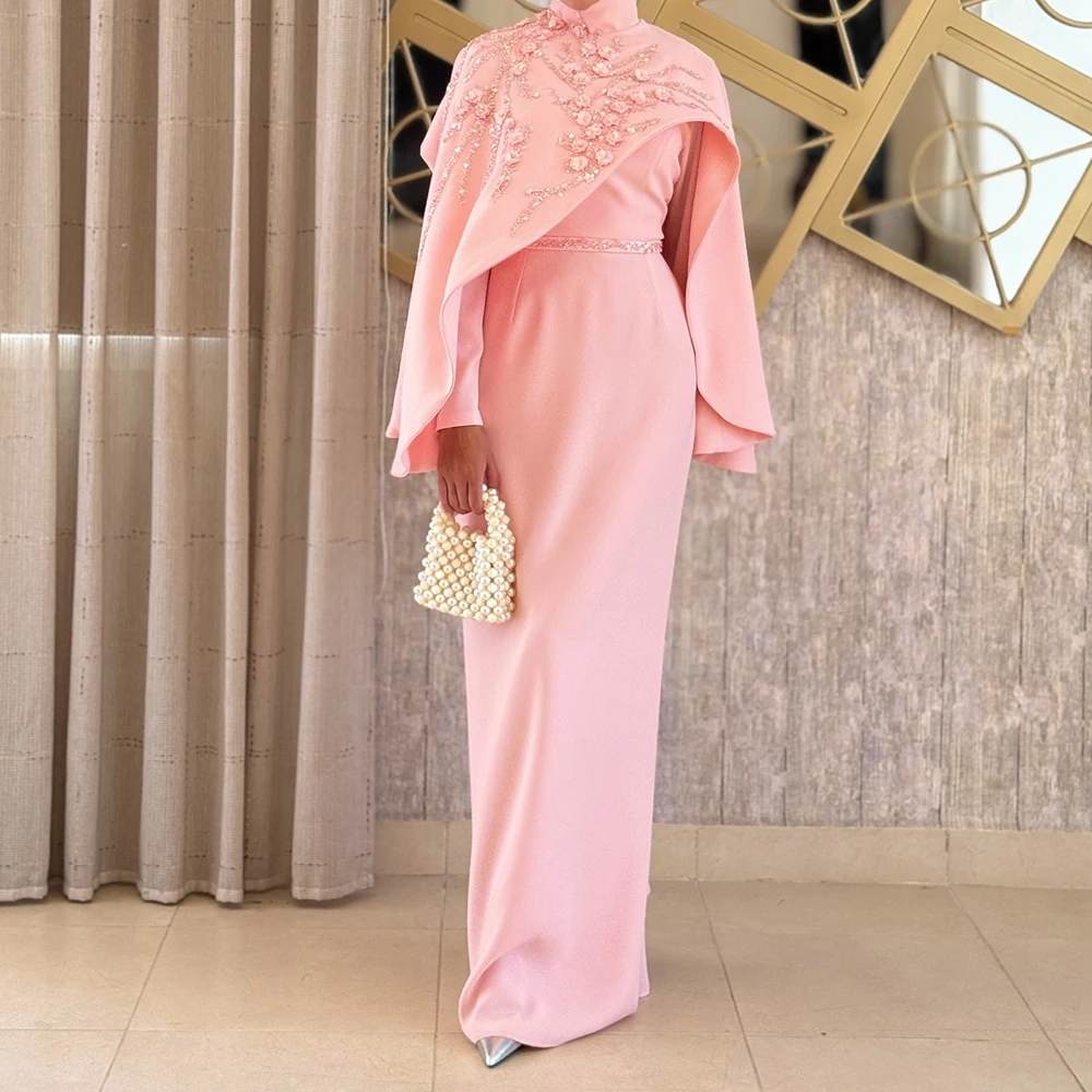 

Customized Straight Evening Dresses Floor-length High-neck Full Sleeve Prom Gown Fashion Sequined Flowers Stole Party Gown