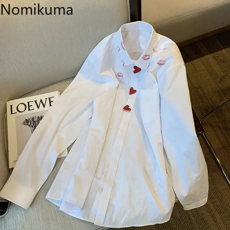 Nomikuma Blusas Para Mujer Spring Autumn Turn Down Collar Lip Print Shirts for Women Fashion Elegant Casual Camisas De Mujer