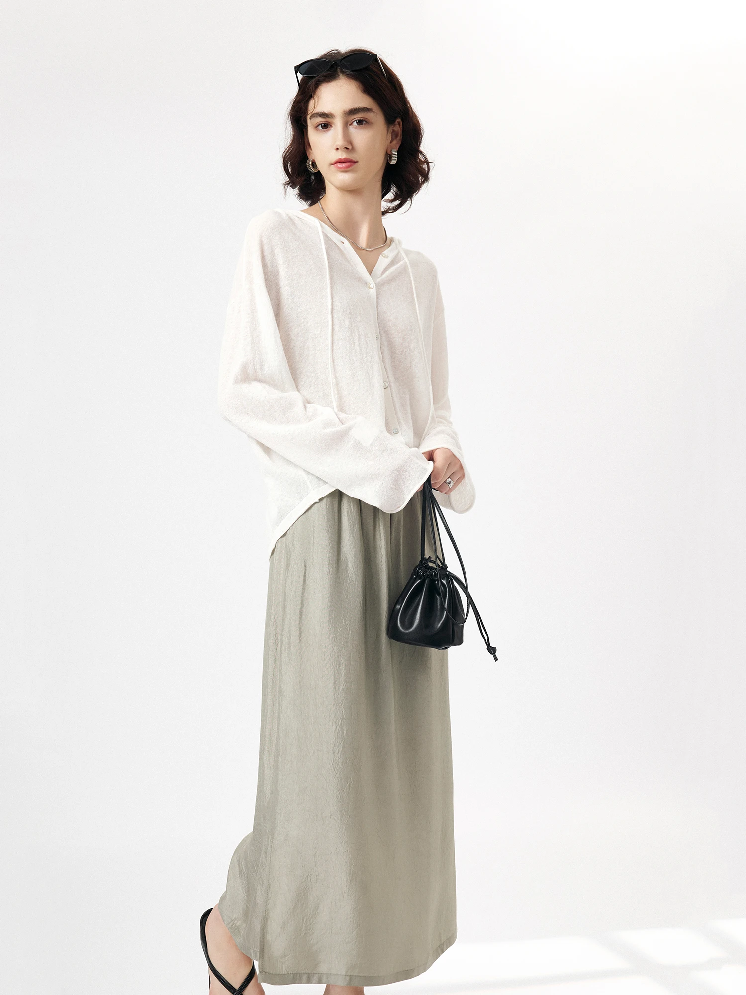 

CLMX Summer Simple Long Skirt Acetate Fabric Draped l Slight Crease Side Slit f-length Women's Skirt Commute Sle