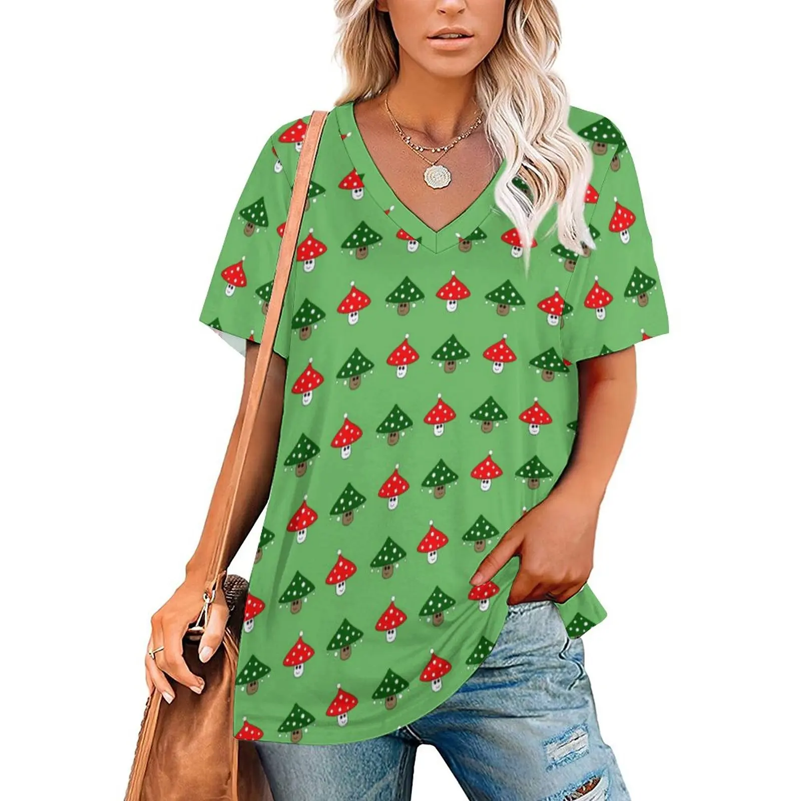 

Green Festive Mushrooms T Shirt Cute Mushroom Print Trendy V Neck T Shirts Short Sleeve Korean Fashion Tshirt Clothes Large Size