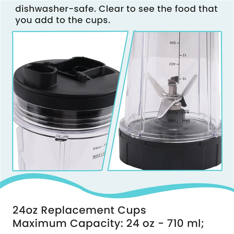 أجزاء الأجهزة أكواب 24 أونصة مع أغطية للذهاب، شفرة مستخرج 7 زعانف، لـ Nutri Ninja Auto IQ BN801 SS101 BL480-30 BL641 BL642-30 B