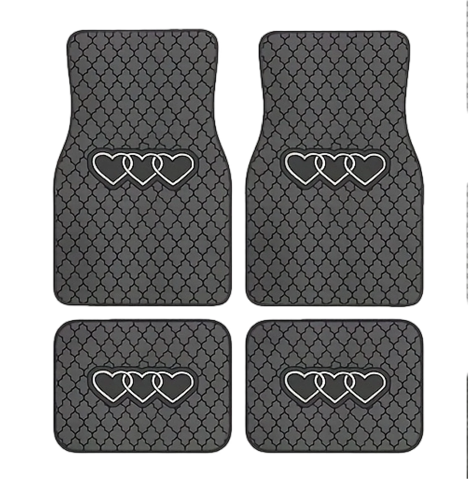 4-Pack 2D Geometric Heart Car Mats - Black-Gray, Soft Easy Clean, Polyester Durable, All-Weather, Fits Sedans/SUVs, Ideal Gift