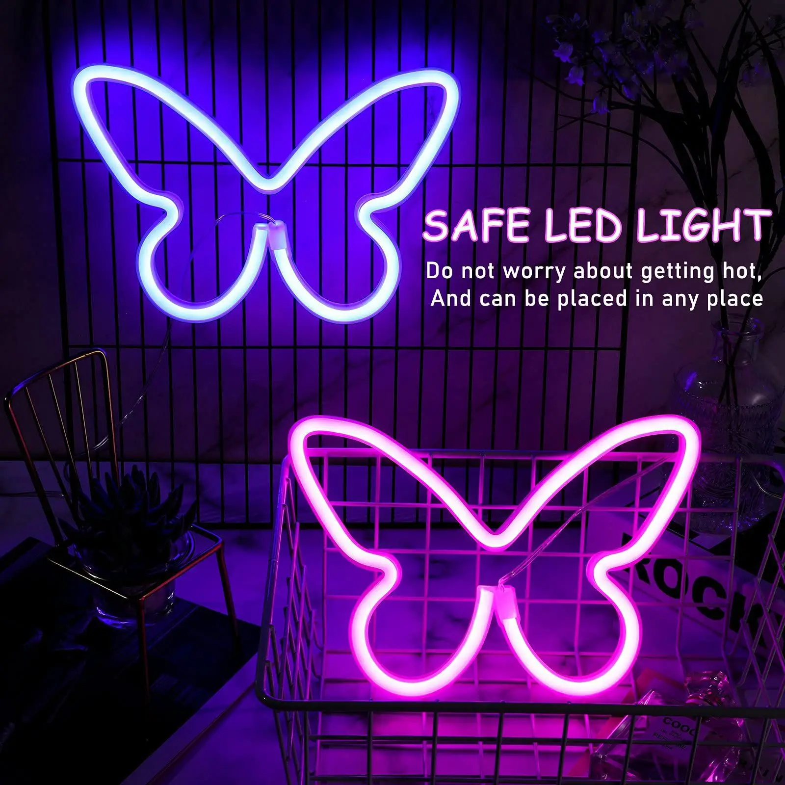 LED Butterfly Neon Sign Light USB/Battery Operated Night Light Wall Hanging Lamp Bulbs for Christmas Wedding Party Bedroom Decor