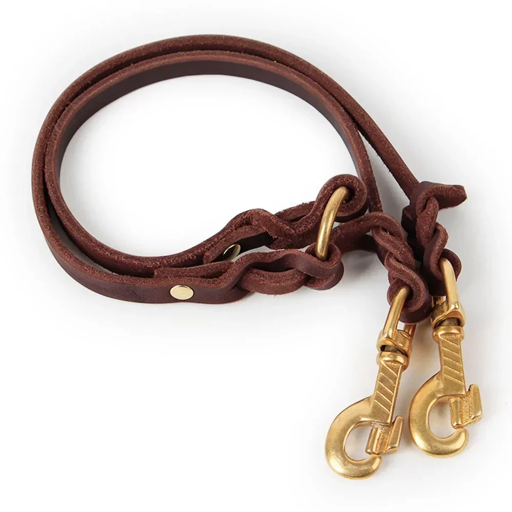 Genuine Leather Braided Dual Dogs Leash Coupler for Two Dogs Brown Walk 2 Dogs with only 1 Lead Heavy Duty for Small Large Dogs