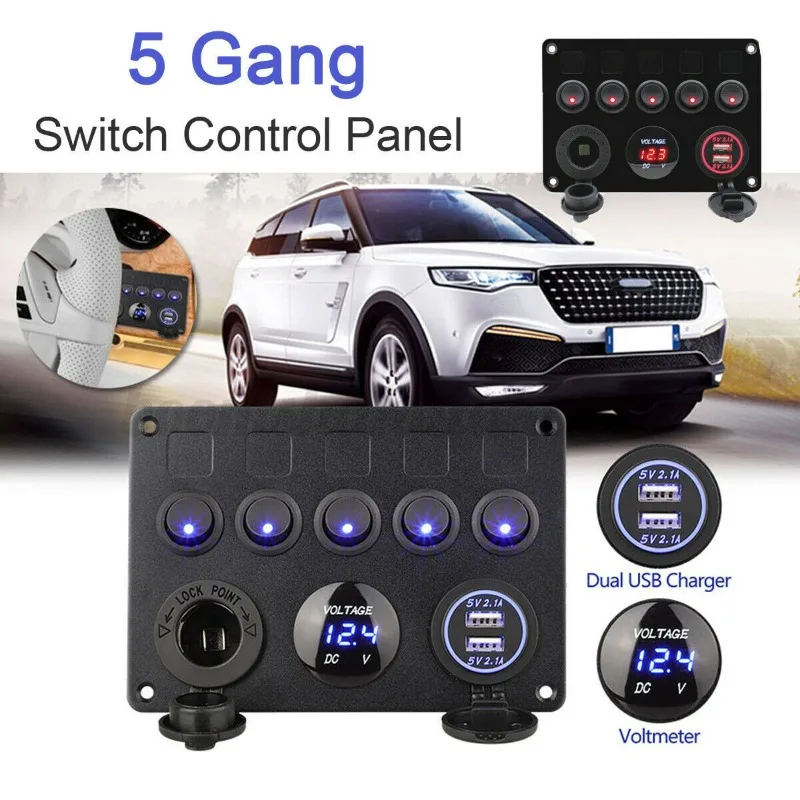 شاحن سيارة عين القطة 5-عصابة، لوحة عرض الجهد للمركبات 12 فولت/24 فولت