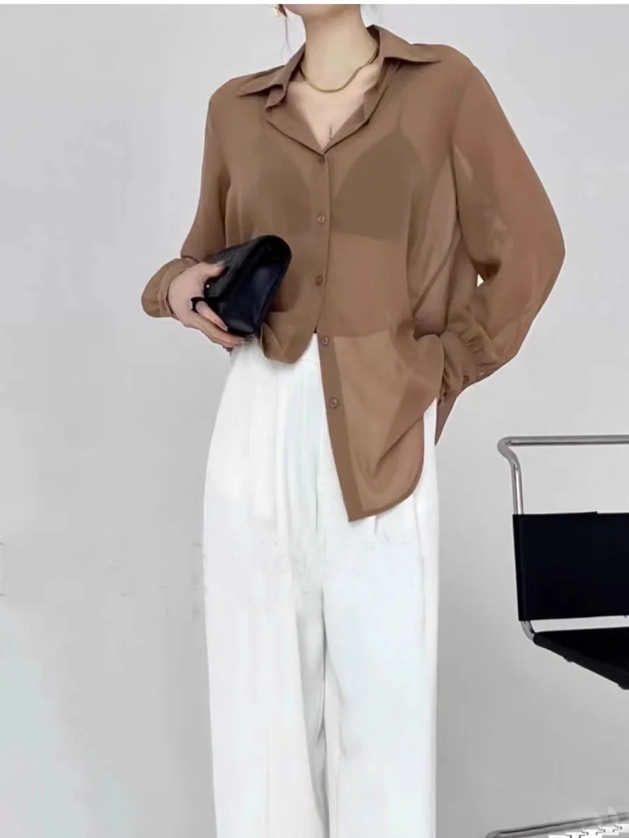 Sun-proof Transparent Shirt Female Mesh Long Sleeve Top Solid Color Summer Loose Chiffon Blouse Korean Fashion Cardigan Ladies