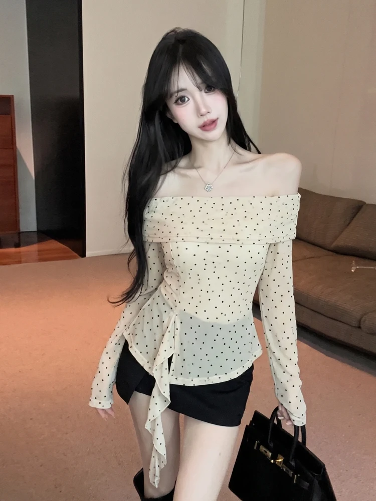 Sweet And Spicy Style Polka Dot Long Sleeve One Shoulder Top Versatile Outfit Autumn Wear for Young Women Chinese Brand