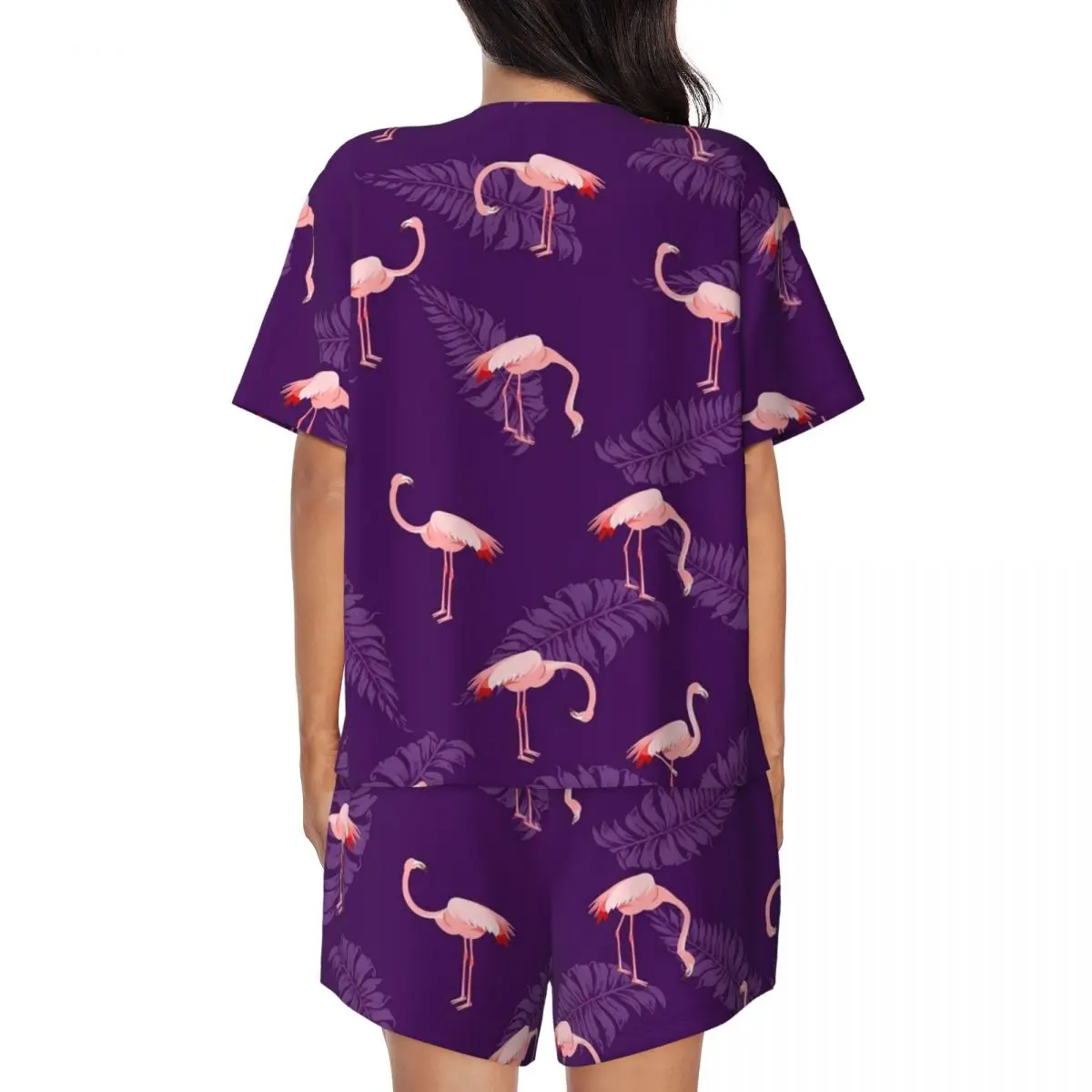 Bird And Leaf Pajamas Short Sleeves Pink Flamingo 2 Pieces Home Pajamas Set Summer Female O Neck Retro Sleepwear