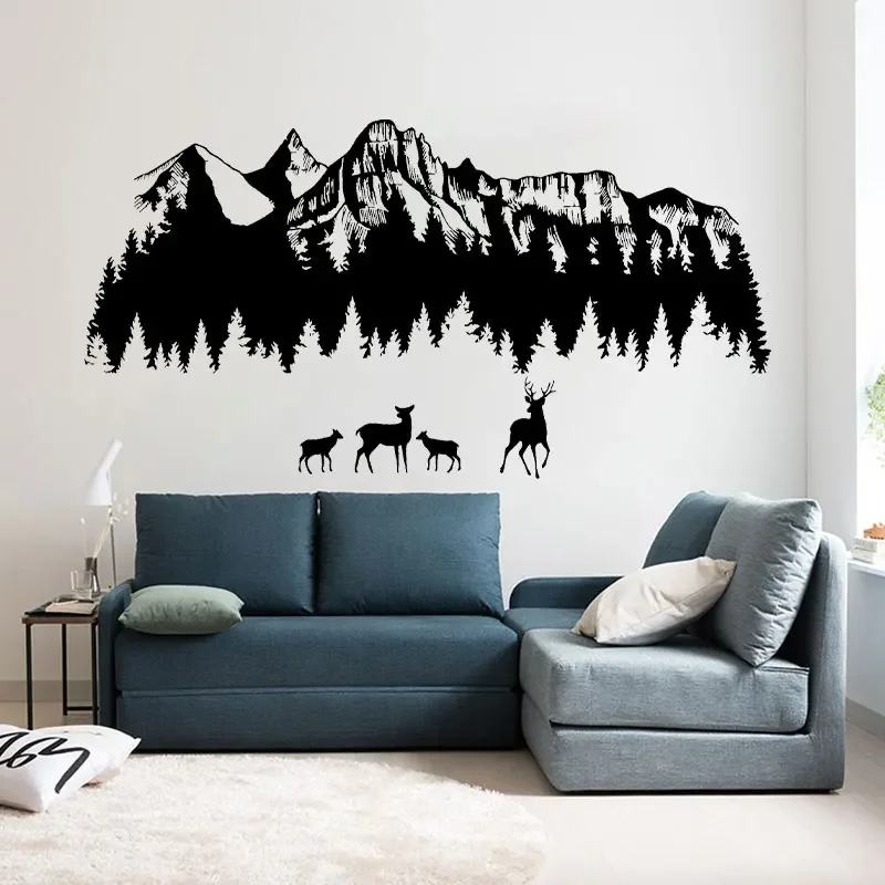 

Woodland Wall Decals Mountain Forest Silhouette Deer Mountain Stickers Vinyl Home Decor for Living Room Bedroom Art Murals 3122