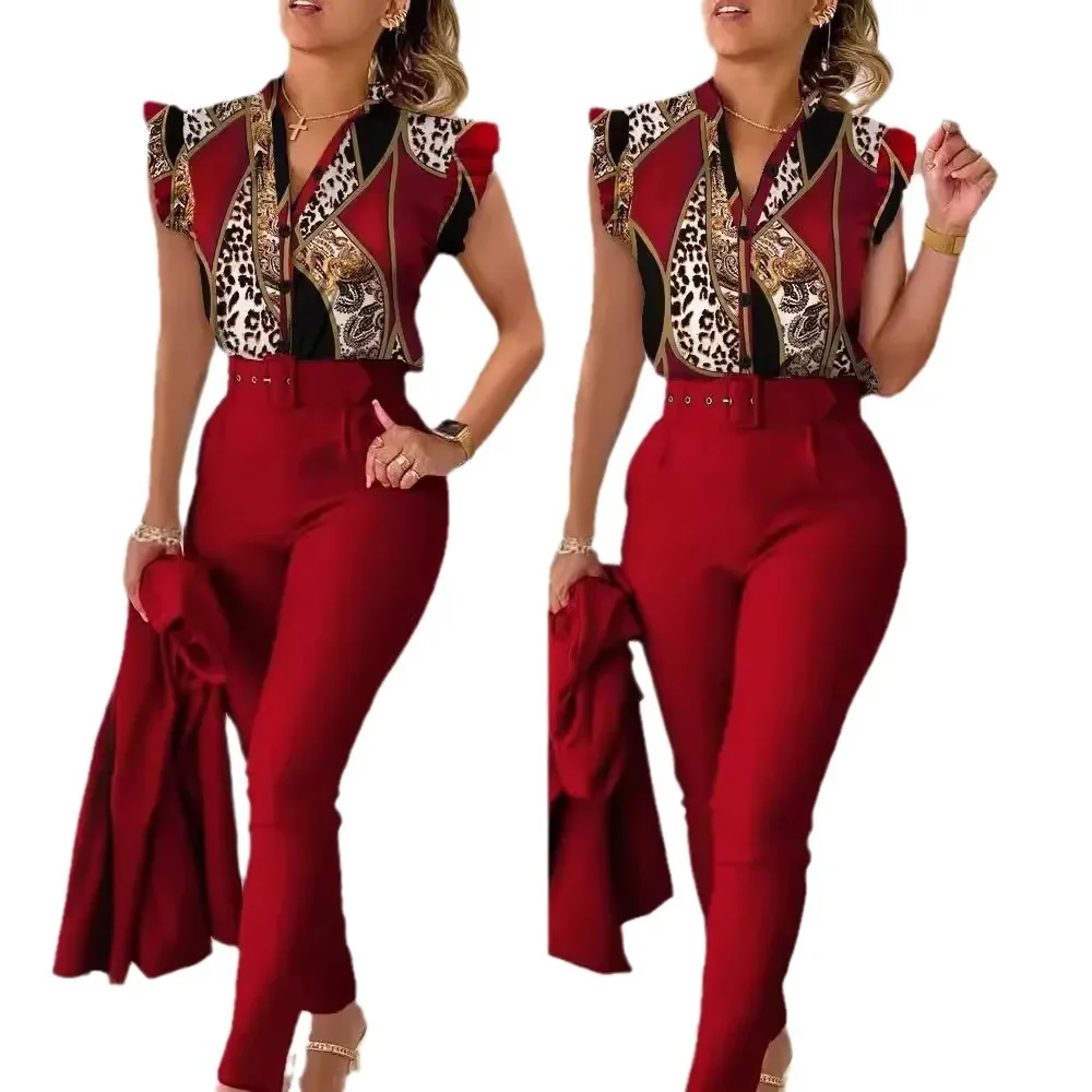 Bedrukte ruches mouw single-breasted nieuwe casual mode slim-fit top en effen kleur broek met riem pak dames