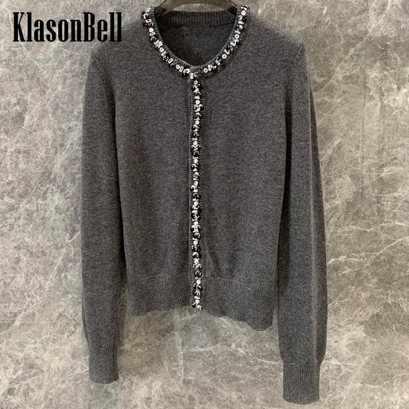 

7.30 KlasonBell Women Temperament Sweet Hand Beading Sequins Diamonds Decoration Coat O-Neck Hidden Breasted Wool Knit Cardigan