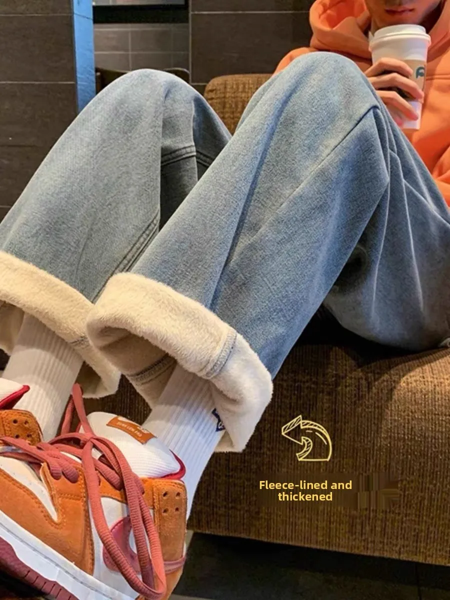 

Thiened Fce теплые джинсовые брюки женские винтажные американские свободные прямые джинсы с высокой талией повседневные зимние сезонные джинсы