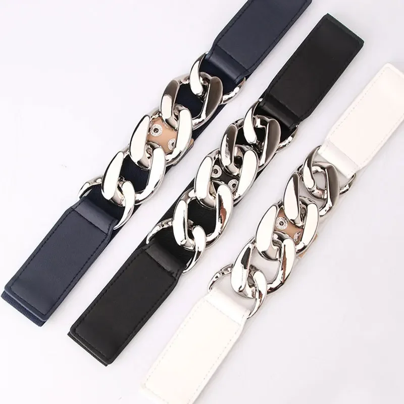 Punk Women Elastic Wide Belts Silver Gold Chain PU Thick Chain Waist Strap Dress Coat Sweater Decorative WaistbandFor Female