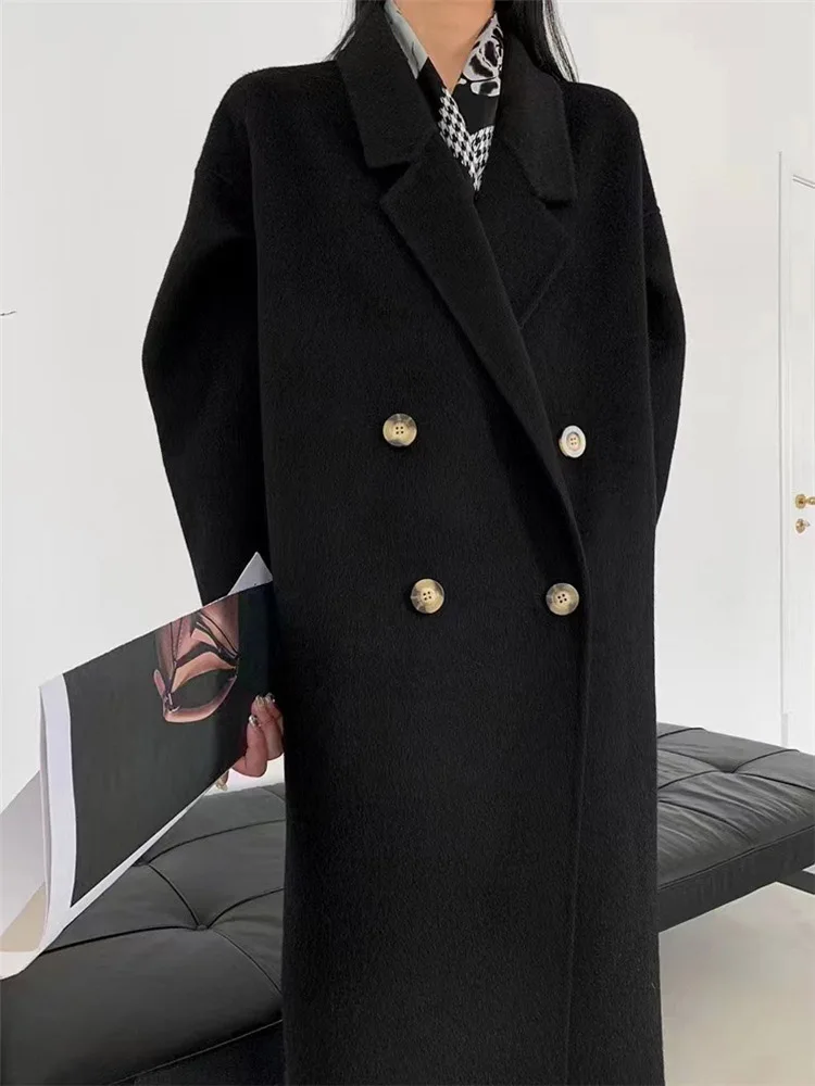 New Natural Alpaca Double-sided Woolen Coat Women Long Loose Lapel Warm High-end Wool Jacket Simple Fashion Pocket Fit Winter