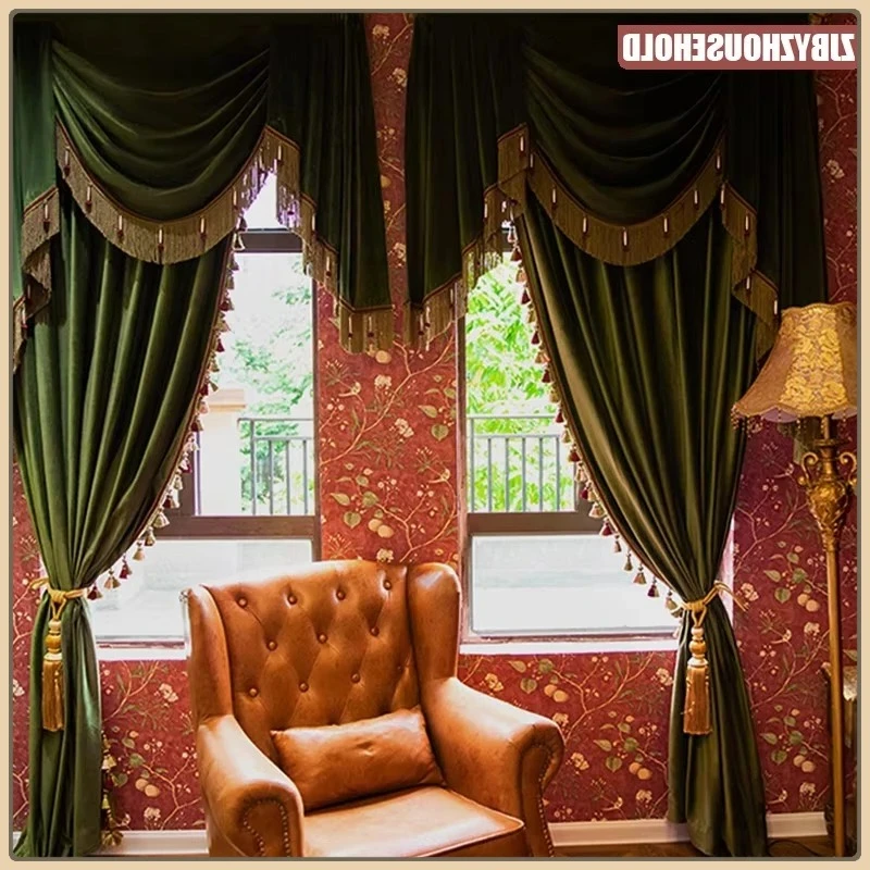 

European High-end Green Velvet Curtains for Living Room Bedroom Pure Color Flannel Blackout Home Improvement Custom Size