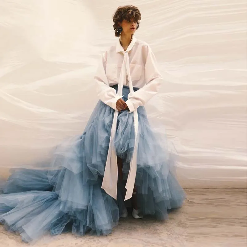 

Garden Blue Bridal High Low Tulle Skirts With Train Ruched Tutu Women Long Tulle Skirt Maxi Skirt Zipper Waistband