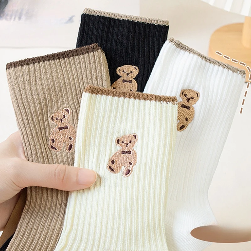 1/5pairs Women Socks Winter Plus Velvet Thicken Warm Cotton Socks Cashmere Wool Socks Girls Cute Bear Sox Thermal Long Sock