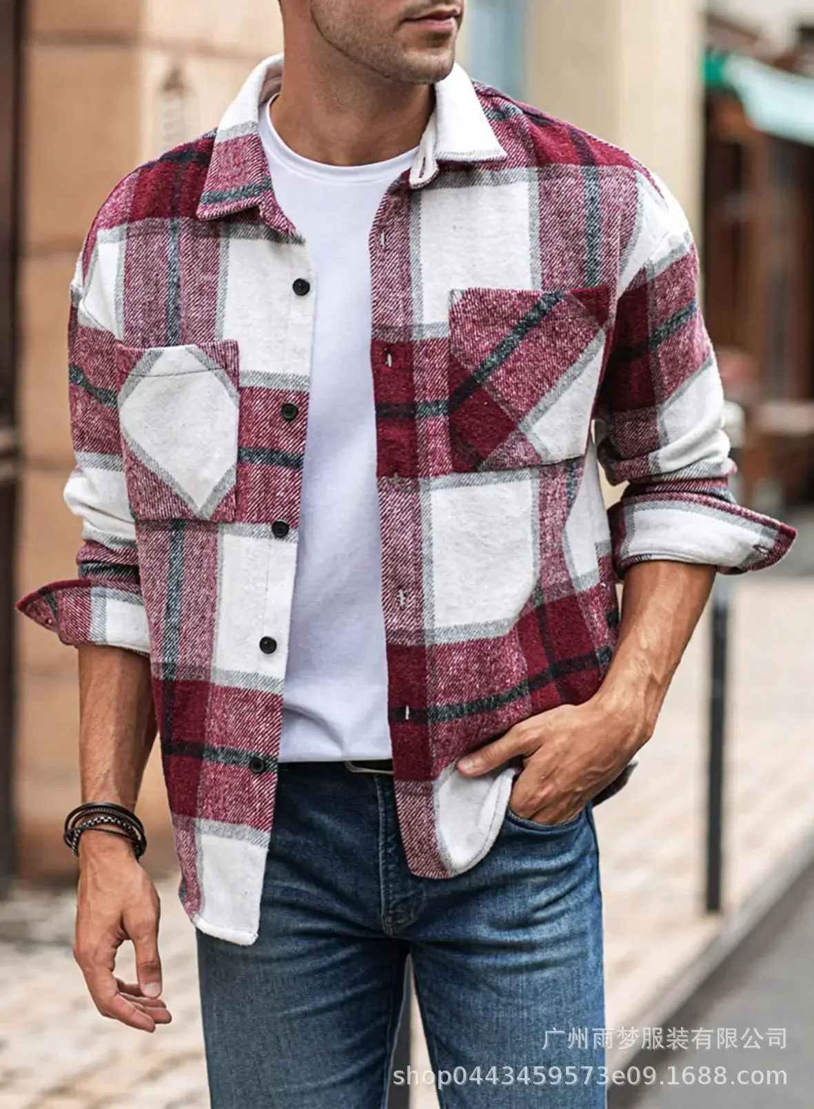 Chemise boutonnée en glouton pour hommes, chemise à carreaux décontractée, veste à manches longues, pochette de sourire avec poches