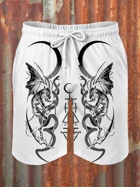 Gothic Bafengte Moon Symbol Goat Devil Wings Printed Elastic Drawstring Belt Heavy Metal Punk Style Casual Loose Shorts.