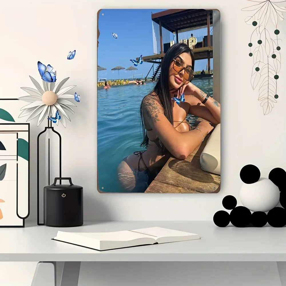 Vintage Aluminum Metal Tin Poster - Waterproof & Dustproof Wall Art with Stylish Black Bikini Woman Beach Scene, Exquisite Home