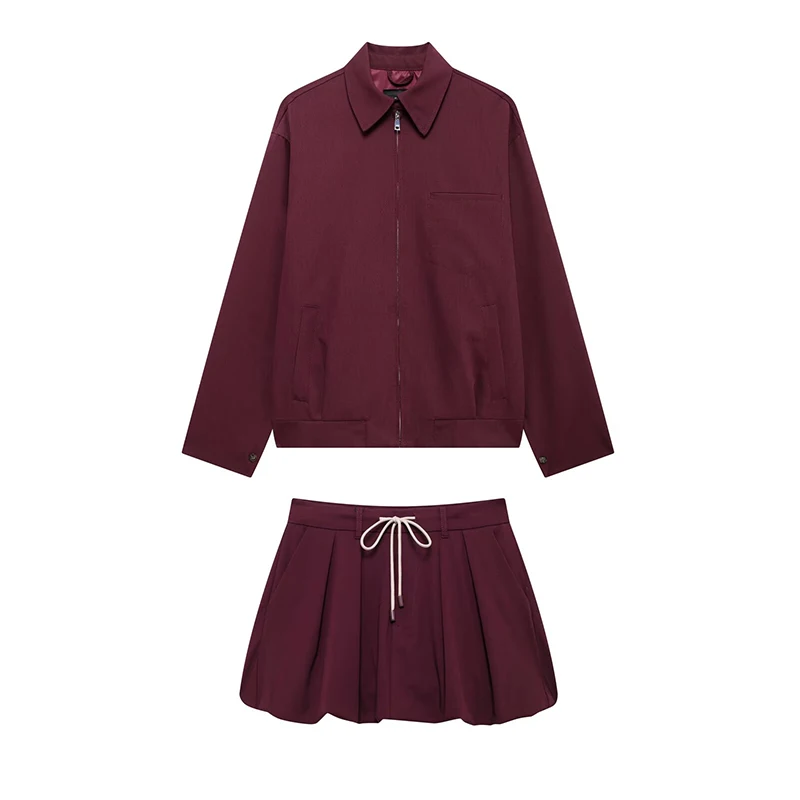 Willshela Women Fashion 2 Piece Set Wine Red Front Zipper Jackets & Vintage High Waist Mini Skirt Female Chic Skirts Set