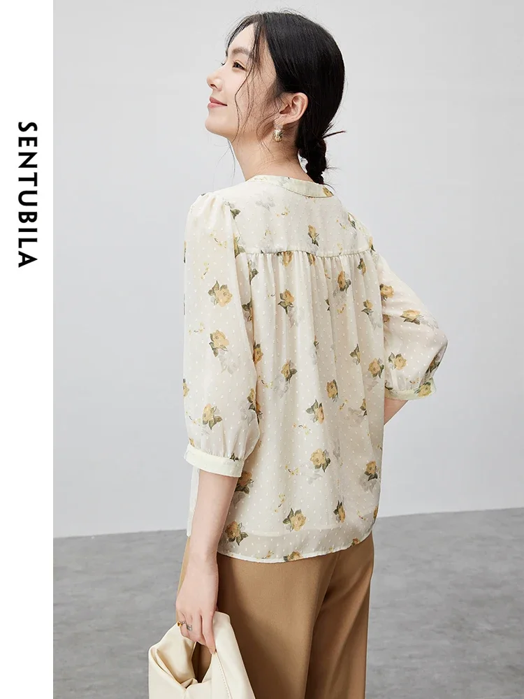 SENTUBILA Print Jacquard Shirt for Women 2024 Summer Chiffon O Neck Three Quarter Lanter Sleeve Comfort Wome Blouse 142V55496