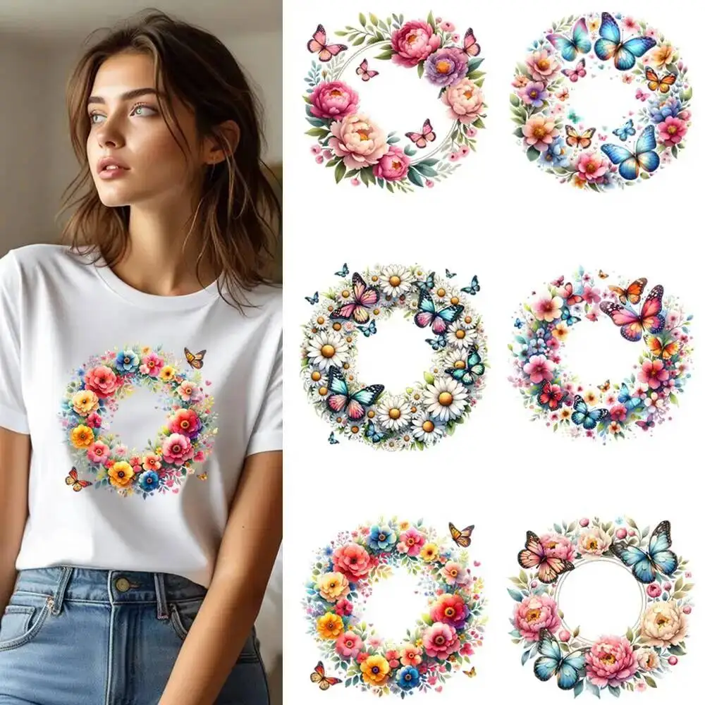 

25 см красивый цветок бабочка венок утюг на термопереносную наклейку DTF железные нашивки для переноса одежды футболка аппликации