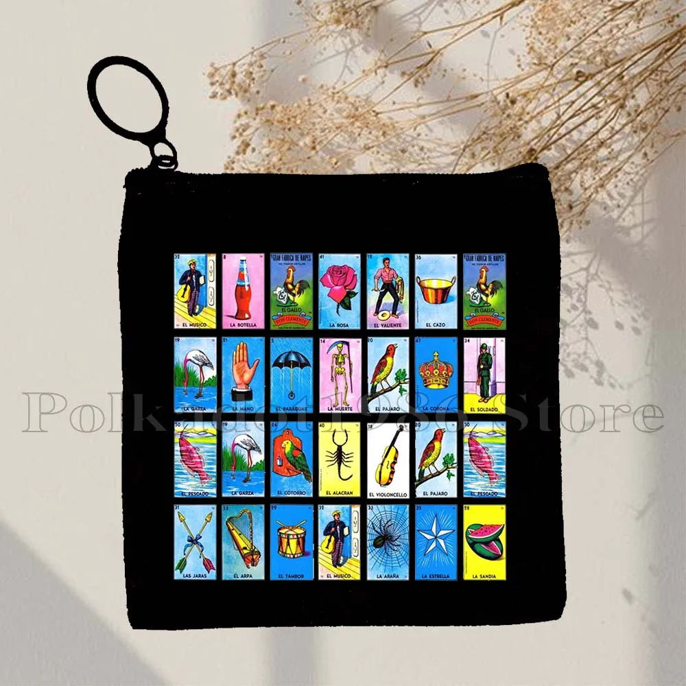 Mexican Loteria Bingo Card Art LA ROSA Diablita Toxica El Jefe Nopal Catrin Papa Gifts Key Coin Purse Case Bags Wallet Pouch