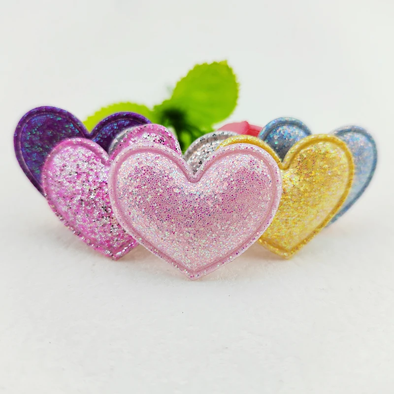 100Pcs 3.5*3CM Glitter Fabric Heart  Appliques For Clothes Hat Sewing Supplies DIY Headwear Hair Clip Bow Decor Patches