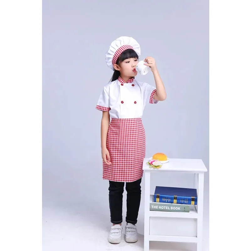 Kids Cook Tshirt Chef Uniform Children Kitchen Hat Cap Work Jackets Restaurant Halloween Performance Stage Party Cosplay Costume