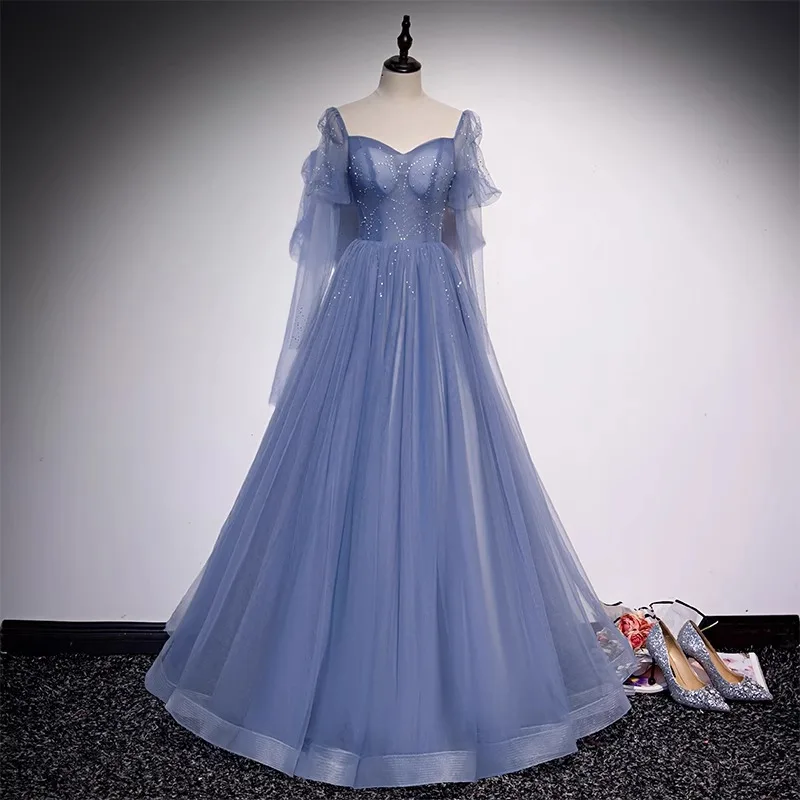 

Blue Long Puff Sleeves Prom Dresses 2024 Women Sweetheart Crystal A Line Celebrity Gowns vestidos de graduación Tulle Backless