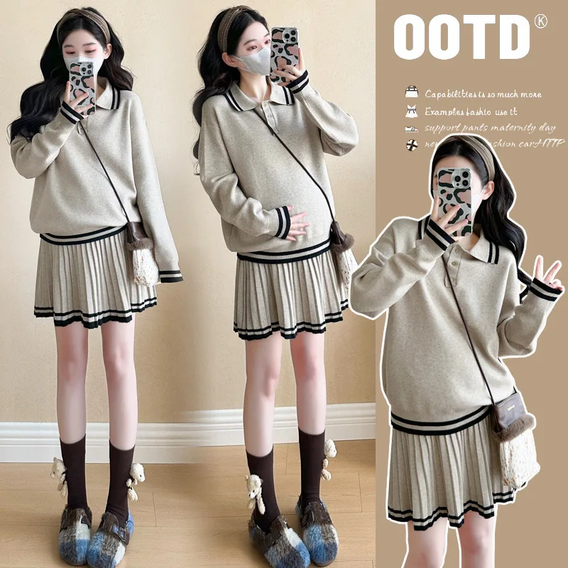 

Academic Style Maternity Set Autumn Knit Sweater with Pleated Skirt Youthful Two Piece Sophisticated Outfit for Pregnant Women
